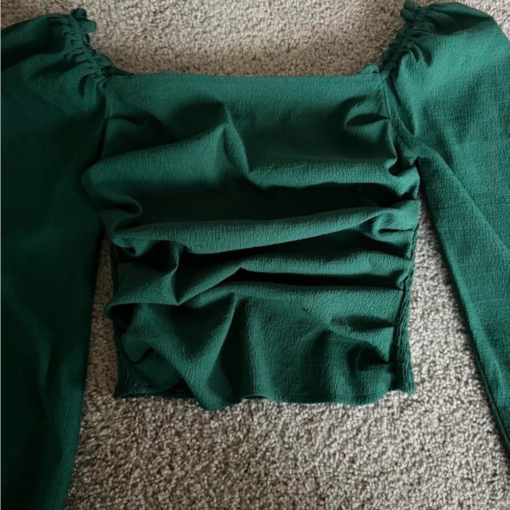 SHEIN Emerald Green Ruched Square Neck Long Sleeve Top